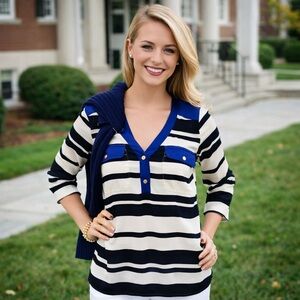 5/48 Classic Black Blue White Striped Preppy Nautical 3/4 Sleeve V-Neck Top Sz.S